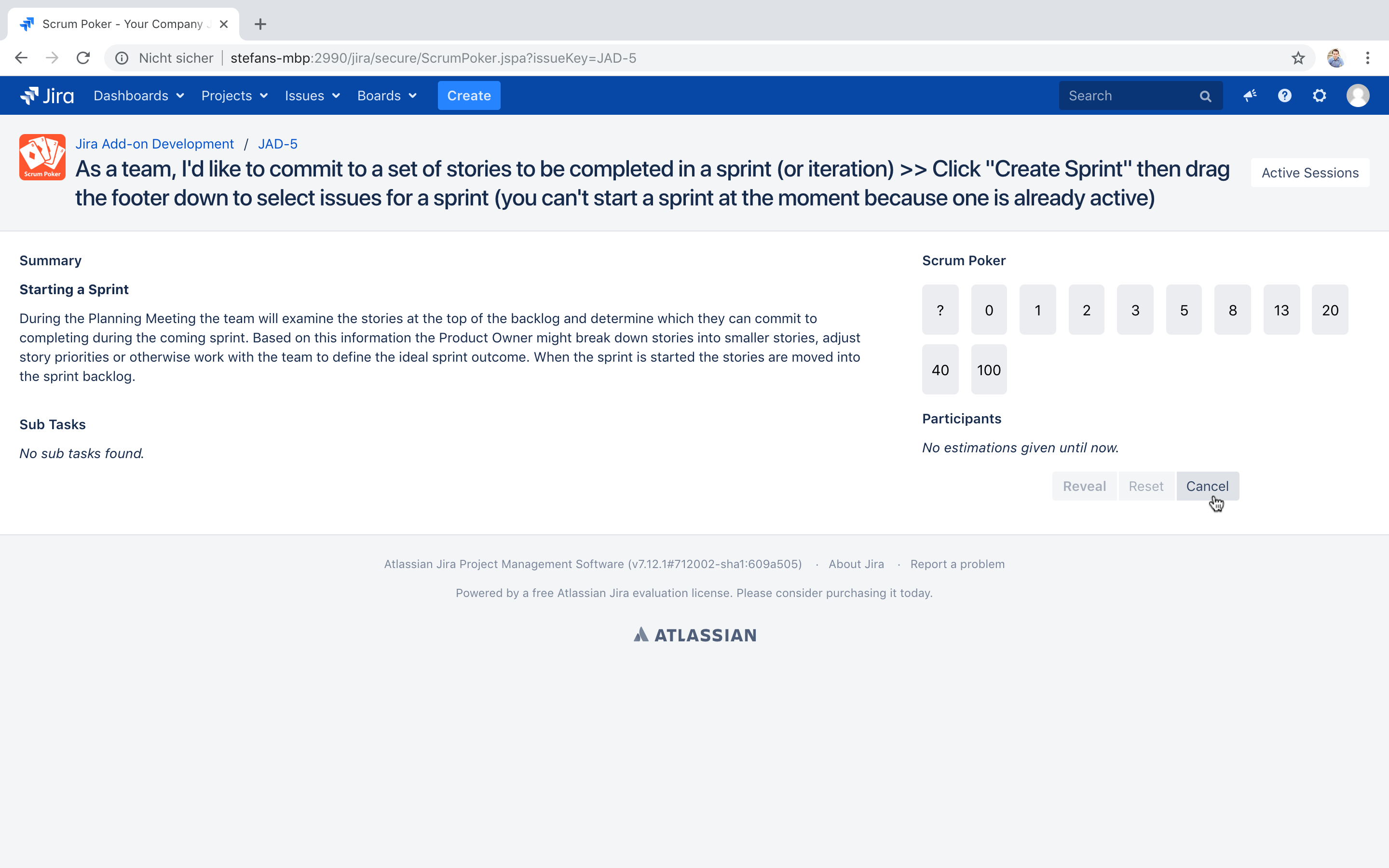 Layout of the Scrum Poker session page